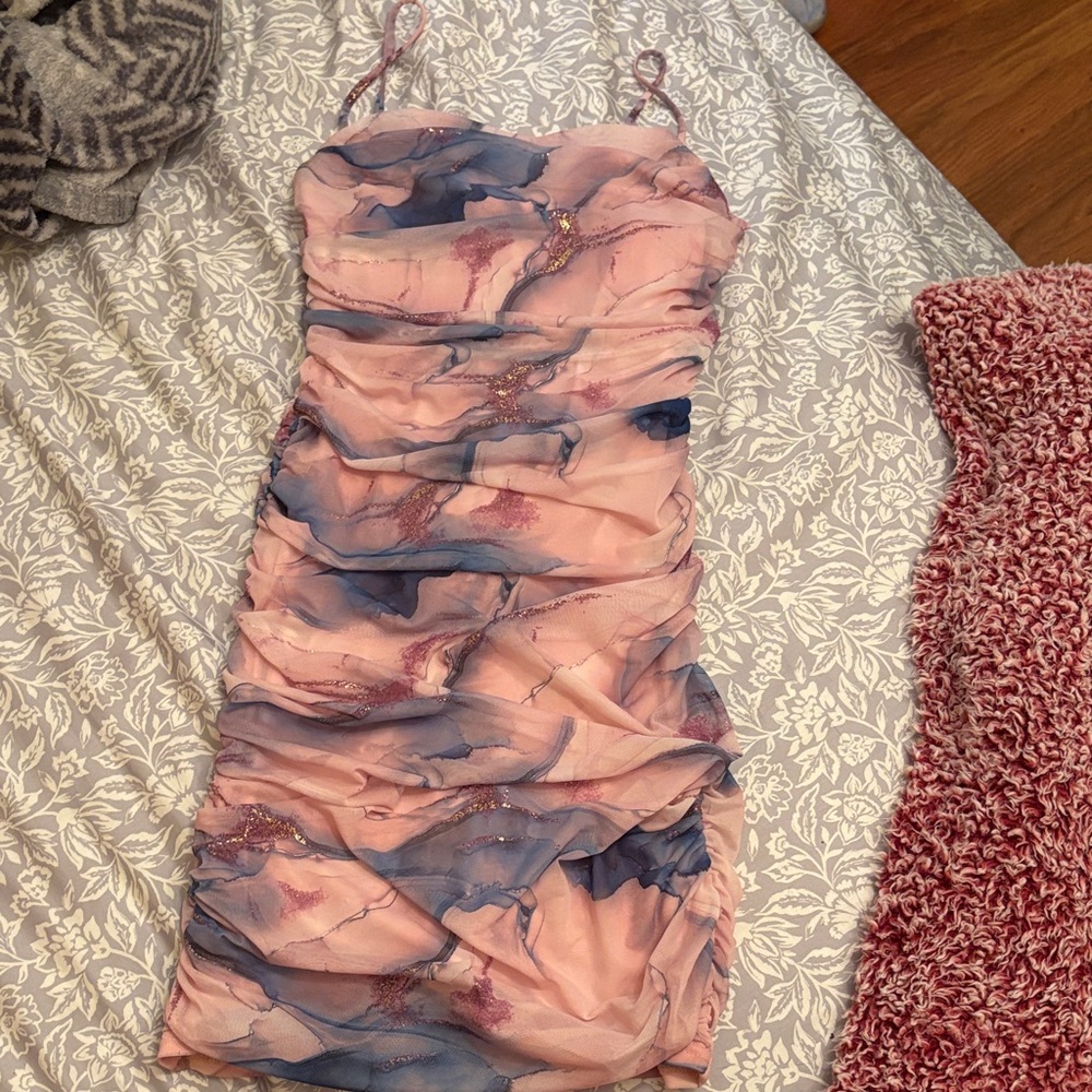 Windsor Pink and Blue Ruched Mini Dress